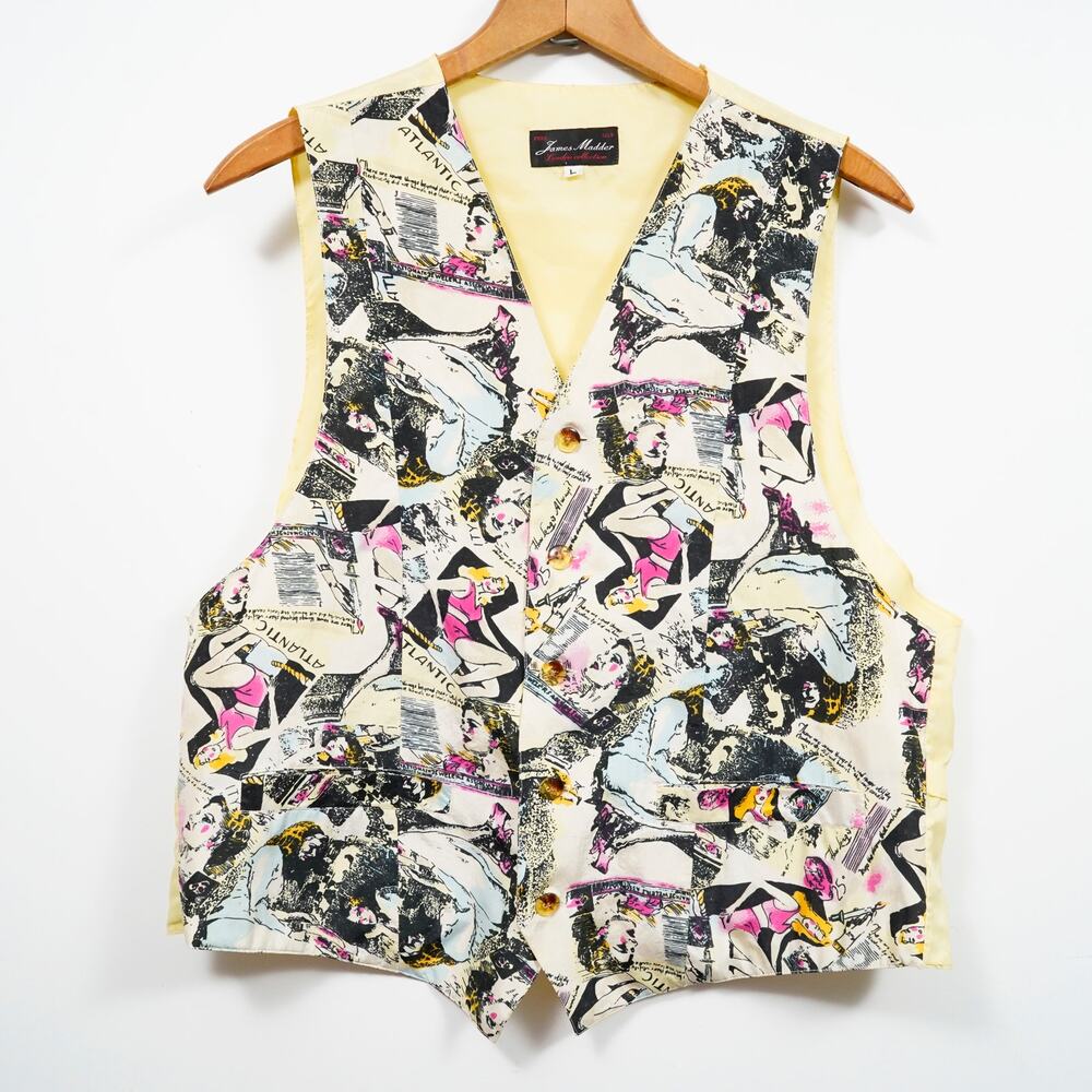 Vintage James Madder Silk Vest London Collection Graphic Print Waistcoat Size L